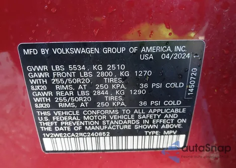 2024 Volkswagen Atlas Cross Sport 2.0T Se W/Technology from USA, damaged, VIN 1V2WE2CA2RC240852